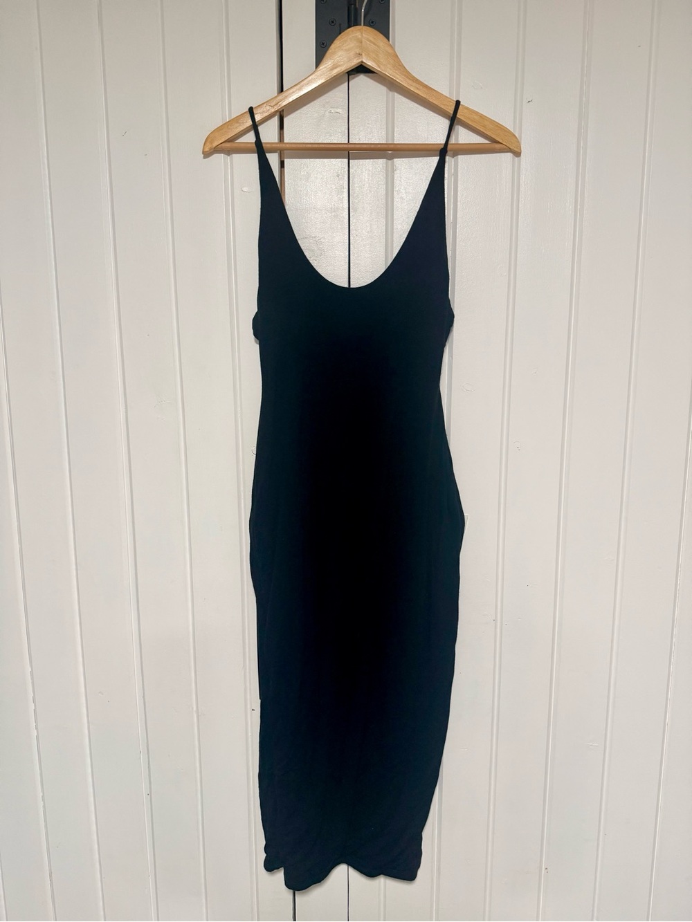 naked wardrobe Black Midi Slip Dress with Spaghetti Straps